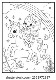 Fairy Coloring Pages for Kids. Printable Cute Fairy and unicorn Cartoon Characters for Children's Activity Books