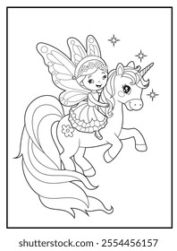 Fairy Coloring Pages for Kids . Printable Cute Fairy and Unicorn Cartoon Characters for Children's Activity Books
