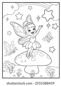 Fairy Coloring Pages for Kids. Printable Cute Fairy Cartoon Characters for Children's Activity Books
