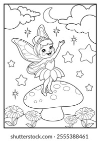 Fairy Coloring Pages for Kids. Printable Cute Fairy Cartoon Characters for Children's Activity Books
