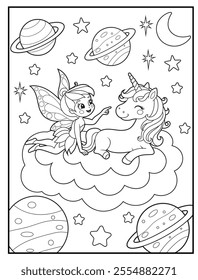 Fairy Coloring Pages for Kids. Fairy is in the space. Printable Cute Fairy Cartoon Characters for Children's Activity Books
