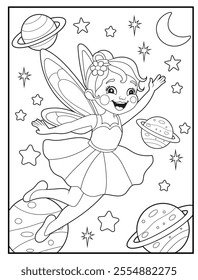 Fairy Coloring Pages for Kids. Fairy is in the space. Printable Cute Fairy Cartoon Characters for Children's Activity Books
