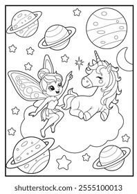 Fairy Coloring Pages for Kids. Fairy is in the space. Printable Cute Fairy Cartoon Characters for Children's Activity Books
