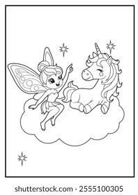 Fairy Coloring Pages for Kids. Fairy and Unicorn are on a cloud. Printable Cute Fairy Cartoon Characters for Children's Activity Books
