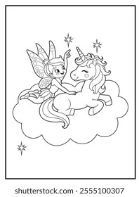 Fairy Coloring Pages for Kids. Fairy and Unicorn are on a cloud. Printable Cute Fairy Cartoon Characters for Children's Activity Books

