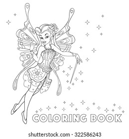 Fairy coloringbook with sparkls and magic wand. Outlined beautiful fairy isolated on white background. Vector illustration of cute girl with letters coloringbook.Fashionablel princes fairy with wings.