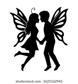 Fairy Couple Silhouette in Love. Ideal for use as a tattoo, icon, web graphic design, and infographic concepts.