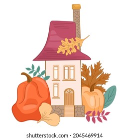 Fairy cozy concept autumn house with pumpkins, autumn leaves