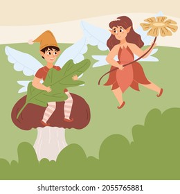 Fairy creatures flying in garden with mushroom and flower, cartoon vector illustration. Pixie boy and girl with wings and elf ears. Cute design for children.