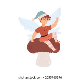 Fairy cute adorable pixie boy or elf sitting on mushroom, flat cartoon vector illustration isolated on white background. Folklore pixie fantasy creature with wings.