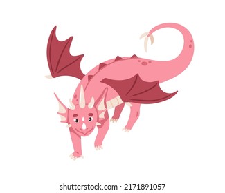 Fairy Cute Baby Dragon Walking. Happy Fairytale Character. Magic Adorable Dinosaur. Fiction Animal With Wings, Horns. Mythology Legend Reptile. Flat Vector Illustration Isolated On White Background