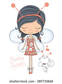 Fairy cute girl and little cat vector design.T-shirt print.Book illustrations for children.cartoon character.