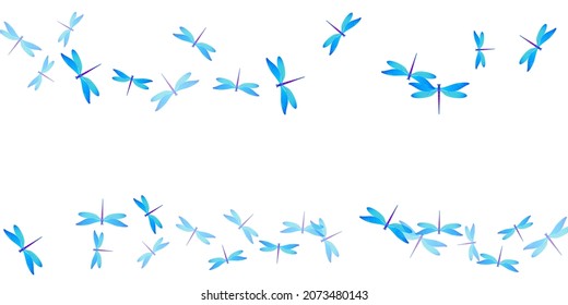 Fairy cyan blue dragonfly flat vector wallpaper. Summer cute damselflies. Fancy dragonfly flat children illustration. Sensitive wings insects patten. Fragile creatures