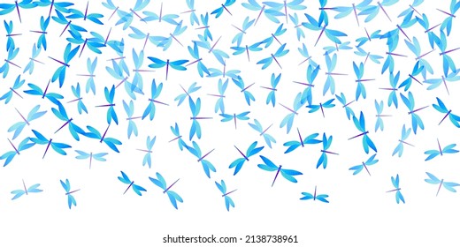Fairy cyan blue dragonfly flat vector wallpaper. Summer colorful damselflies. Detailed dragonfly flat children background. Gentle wings insects graphic design. Tropical creatures