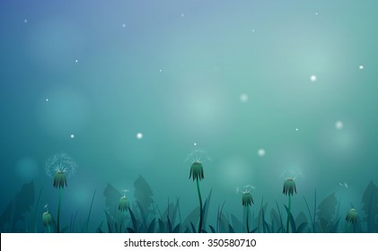 fairy dandelion, fairy summer night with fireflies, glade silhouette at night, fireflies in the  summer dream background, vector, 