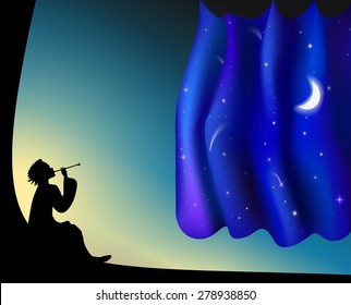  fairy daybreak, boy playing trumpet, Magic melody, night curtain, aurora music, boy playing trumpet, fairytale silhouette, 