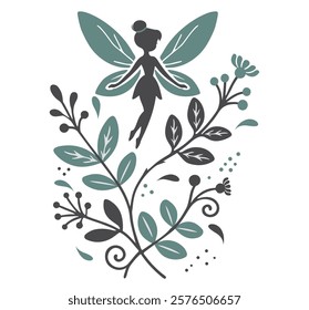 Fairy with decorative branches and leaves. Flat vector, simple graphics, isolated on white background.