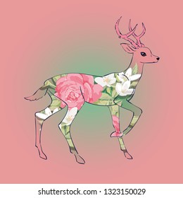 Fairy deer , decor style, vector, pink spring