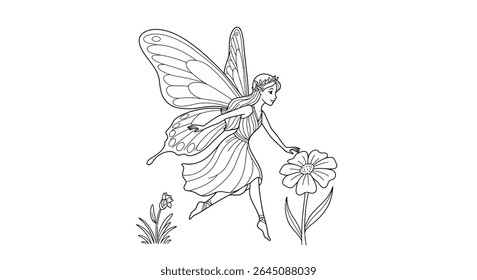 Fada com delicadas asas de borboleta saltitante sobre flor simples colorir página Ilustração de cena de jardim mítico