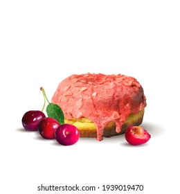 Fairy donut with cherry glaze. Donut with cherry low poly. Delicious dessert with glaze. Tasty donut. Vector illustration. Donut with cherry glaze in triangulation technique.