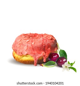 Fairy donut with cherry glaze. Donut with cherry low poly. Delicious dessert with glaze. Tasty donut. Vector illustration. Donut with cherry glaze in triangulation technique.