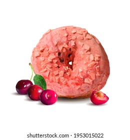 Fairy donut with cherry glaze. Donut with cherry low poly. Delicious dessert with glaze. Tasty donut. Vector illustration. Donut with cherry glaze in triangulation technique.