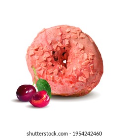 Fairy donut with cherry glaze. Donut with cherry low poly. Delicious dessert with glaze. Tasty donut. Vector illustration. Donut with cherry glaze in triangulation technique.