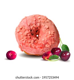 Salto de hadas con guiso de cerezo. No con cerezo bajo. Delicioso postre con acristalamiento. Un burro asqueroso. Ilustración vectorial. Donut con guiso de cerezo en técnica de triangulación.