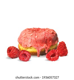 Fairy donut with raspberry glaze. Donut with raspberry low poly. Delicious dessert with glaze. Tasty donut. Vector illustration. Donut with raspberry glaze in triangulation technique.
