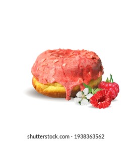 Fairy donut with raspberry glaze. Donut with raspberry low poly. Delicious dessert with glaze. Tasty donut. Vector illustration. Donut with raspberry glaze in triangulation technique.