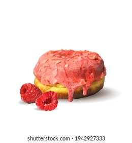 Donut de hadas con acristalamiento de frambuesa. Donut con frambuesa baja polilla. Delicioso postre con acristalamiento. Un burro asqueroso. Ilustración vectorial. Donut con vidrio de frambuesa en técnica de triangulación.