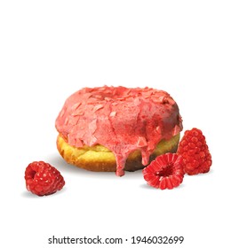 Fairy donut with raspberry glaze. Donut with raspberry low poly. Delicious dessert with glaze. Tasty donut. Vector illustration. Donut with raspberry glaze in triangulation technique.
