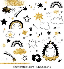 fairy doodle black and gold elements, rainbow, stars and clouds vector objects