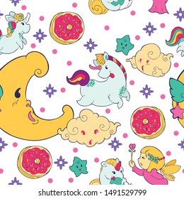 ๊Unicorn Fairy doughnut cupcake fantasy doodle Kawaii cartoons Seamless pattern vector with vivid pastel tone and white background