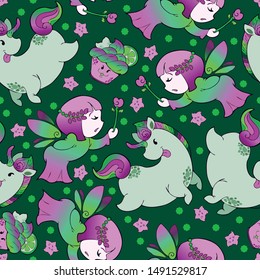 ๊Unicorn Fairy doughnut cupcake fantasy doodle Kawaii cartoons Seamless pattern vector with purple and green tone with green background