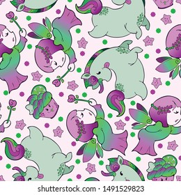 ๊Unicorn Fairy doughnut cupcake fantasy doodle Kawaii cartoons Seamless pattern vector with purple and green tone with soft pink background