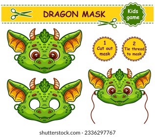 Fairy dragon fire reptile carnival face mask. Fantasy dinosaur monster New Year, Christmas children holiday head decoration. Magical lizard animal character. Masquerade costume. Kid craft page. Vector