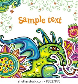 Fairy dragon, floral pattern. Cute Magical, Fairy Dragon. Colorful floral pattern, natural background, decorative garden. White space for your text, can be used as greeting card