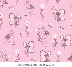 Fairy and dragon pattern on pink background