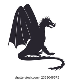 Fairy dragon silhouette. Cartoon scary medieval dragon, winged fire breathing reptile flat vector illustration on white background