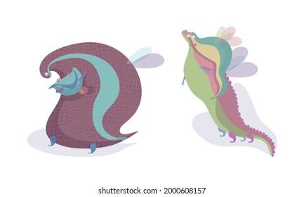 Fairy Dragon with Small Wings Playing with Its Cub Vector Set