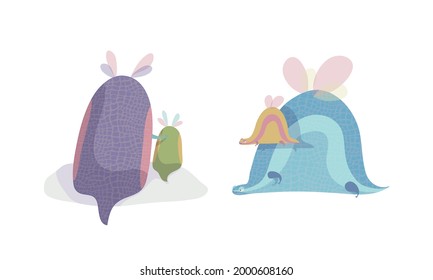 Fairy Dragon with Small Wings Playing with Its Cub Vector Set