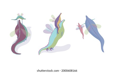 Fairy Dragon with Small Wings Playing with Its Cub Vector Set