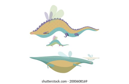 Fairy Dragon with Small Wings Playing with Its Cub Vector Set