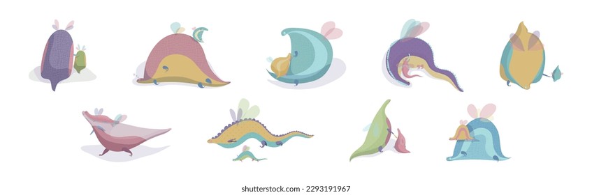 Fairy Dragon with Small Wings Playing with Its Cub Vector Set