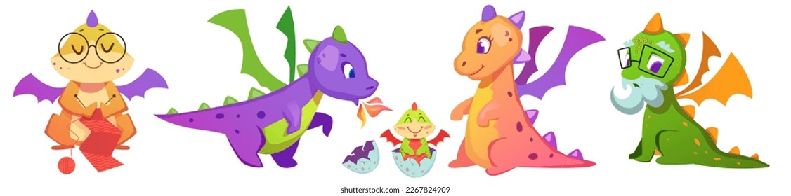 Fairy dragons cartoon characters with baby dinosaur. Magic creatures grandmother and grandfather, happy parents with fantasy child monster in egg. Smiling medieval reptiles collection.