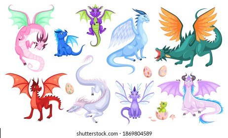 dragones de hadas. Criaturas coloridas de fantasía, animales de cola mágica medieval, reptiles míticos que respiran fuego, dinosaurios voladores. Colección chilena brillante para diseño cartográfico vector aislado conjunto