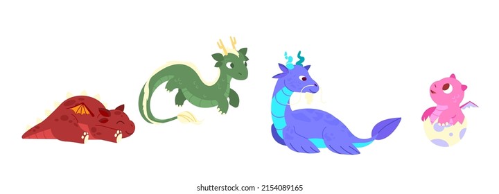 Fairy dragons. Fantasy colorful creatures, medieval magic fairy tails animals, mythical reptiles, flying dinosaurs. Childish bright collection. Cartoon vector illustration