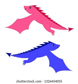Fairy dragons. Funny fairytale dragon, cute magic lizard with wings and baby fire breathing serpent.