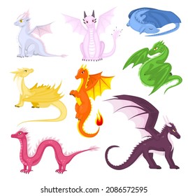 Fairy dragons. Funny fairytale dragon, cute magic lizard with wings and baby fire breathing serpent. Vector cartoon illustration of fire breathing monsters from medieval mythology